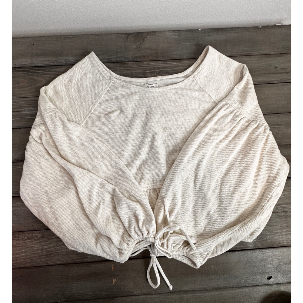 aerie Endless Summer Cream Peplum Cropped Sweatshirt Lantern Sleeve Tie Cuff M - Picture 9 of 11